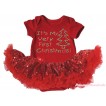 Christmas Red Baby Bodysuit Bling Red Sequins Pettiskirt & Rhinestone It's My Very First Christmas Print JS4897